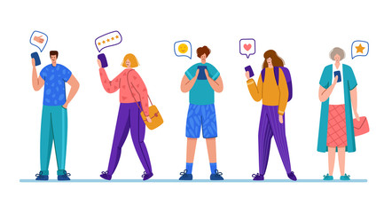 Client feedback or review concept, online service evaluation, happy customers with mobile phones and gadgets, flat modern people and rank and rating scale stars, smiles, likes, men and women, Vector