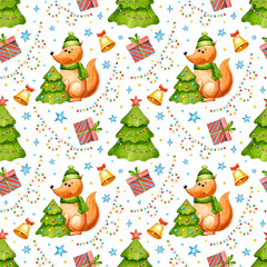 New year's seamless pattern with fox, Christmas tree, stars, gift, bell, garland. Christmas and new year. Watercolor cartoon elements. Hand drawn background. Christmas gift. Greeting card