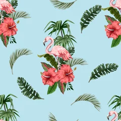Wall murals Jungle  children room Seamless pattern with flamingo and tropical leaves. Vector.