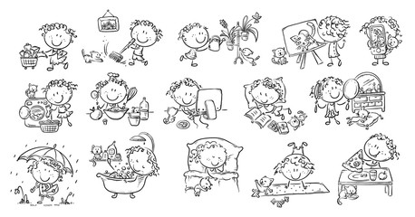 Girls life - everyday activities, daily routine, vector outline