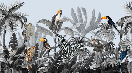Obraz premium Granica z dżunglą drzew i zwierząt
