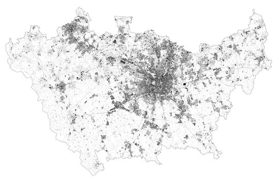 Satellite map of province of Milan, towns and roads, buildings and connecting roads of surrounding areas. Lombardy, Italy. Map roads, ring roads