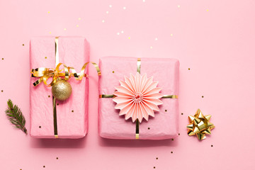 Beautiful Christmas gifts in pink and gold colors