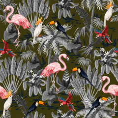 Seamless pattern with jungle animals, flowers and trees. Vector.