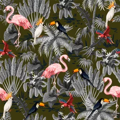 Wallpaper murals Flamingo Seamless pattern with jungle animals, flowers and trees. Vector.