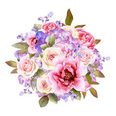 Hand drawn watercolor bouquet of picturesque pink roses, peonies, lilac hydrangea, leaves and herbs isolated on a white background.Floral botanical illustration for wedding invitations, cards,patterns