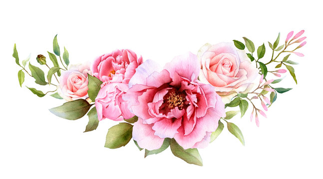 Hand drawn watercolor arrangement with picturesque pink roses, peonies, leaves and clematis branches isolated on a white background.Floral botanical illustration for wedding invitations, cards,pattern