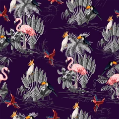 Foto op Plexiglas Tropische print Naadloze patroon met jungle dieren, bloemen en bomen. Vector.
