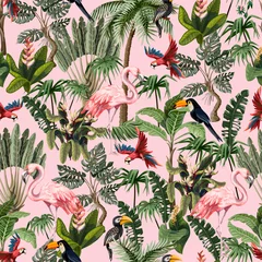 Behang Tropische print Naadloze patroon met jungle dieren, bloemen en bomen. Vector.