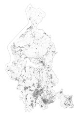 Satellite map of province of Varese, towns and roads, buildings and connecting roads of surrounding areas. Lombardy, Italy. Map roads, ring roads