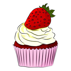 Strawberry cartoon Cupcake Isolated on the white background. Design for decor, cards, print, web, poster, banner, t-shirt.