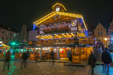 Wroclaw, Poland, October 2019. Christams market in main square Market Square in colorful illuminations and decorations