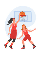 Female basketball players. Women in red sport uniform playing basketball on white background. Teamwork concept.