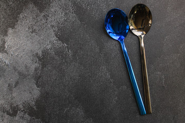 cutlery rustic, used for eating or serving (fork, knife, spoon, plate - set). food background. copy...