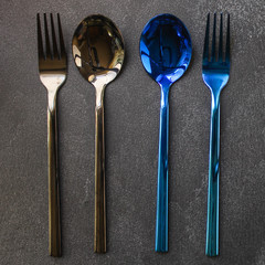 cutlery rustic, used for eating or serving (fork, knife, spoon, plate - set). food background. copy...