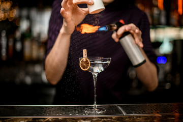 Male bartender adding to an alcoholic cocktail in the glass spices and burning them