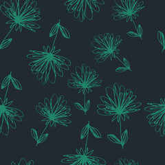 Floral seamless pattern in line art style.  Abstract botanical print of flowers, leaves, twigs. Textile design texture. Spring blossom background. Vector illustration.