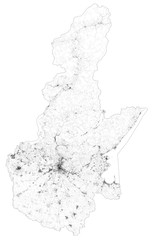 Satellite map of province of Brescia, towns and roads, buildings and connecting roads of surrounding areas. Lombardy, Italy. Map roads, ring roads