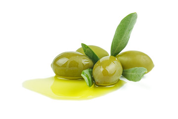 Delicious oil, and green olives isolated on white background