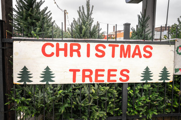 A painted white, red and green Christmas tree sale sign hung on a fence to a parking lot with evergreen fir trees leaning against the back in an urban environment in Chicago. © Joseph Kirsch