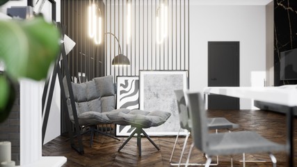 Modern design living room interior with beautiful view . 3D rendering