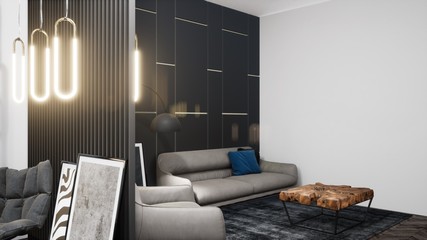 Modern design living room interior with beautiful view . 3D rendering