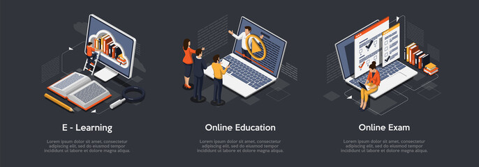 Isometric set of education concept. E-Learning, Online education, online exam. - obrazy, fototapety, plakaty