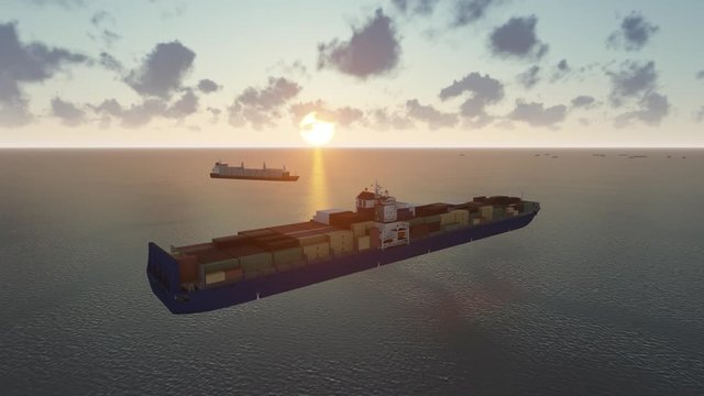 Cargo ship at sunset, Aerial view container ship at sunset, 3D Rendering, 4K Animation