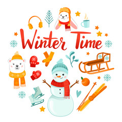 Winter cartoon sports equipment for skiing sled, ski and skates with snowman, polar bear, rabbit and decorations.