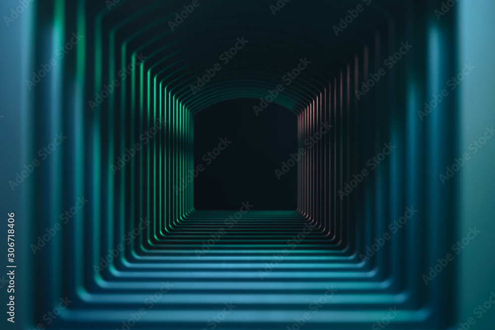 Poster Beautiful abstract gray tunnel with color light on a black end background.