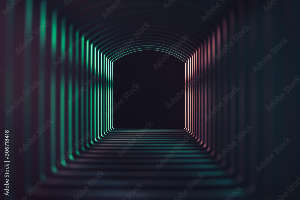 Poster beautiful abstract gray tunnel with color light on a black end background.