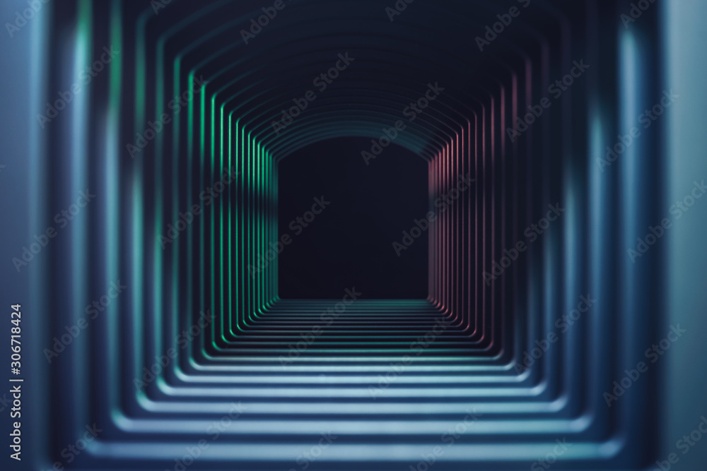 Poster Beautiful abstract gray tunnel with color light on a black end background.
