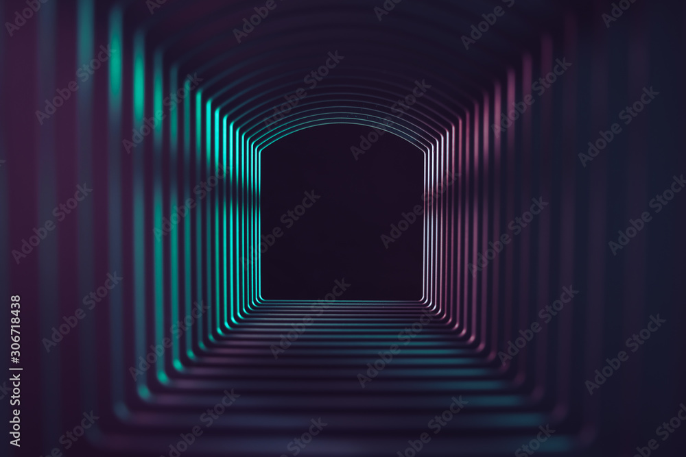 Poster beautiful abstract gray tunnel with color light on a black end background.