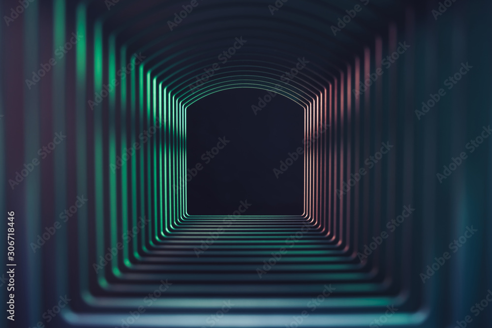Poster Beautiful abstract gray tunnel with color light on a black end background.