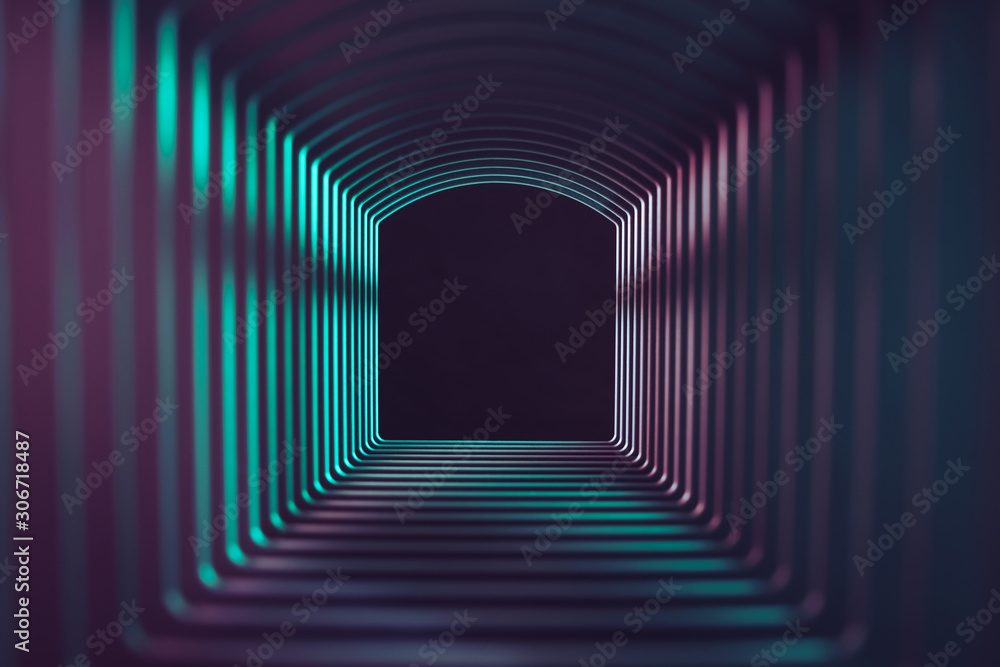 Poster beautiful abstract gray tunnel with color light on a black end background.