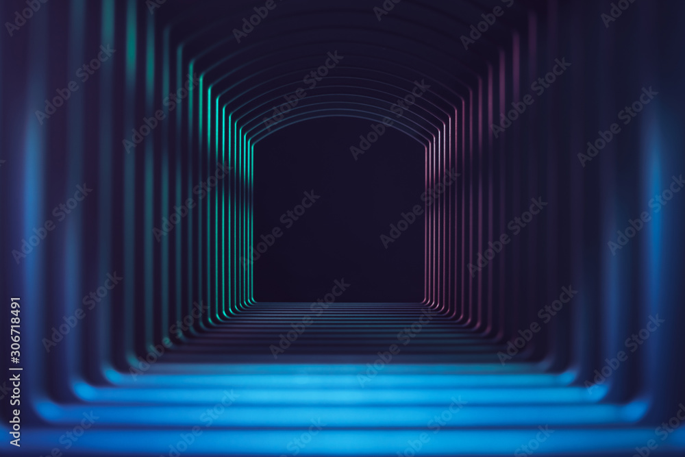 Poster Beautiful abstract gray tunnel with color light on a black end background.
