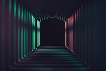 Beautiful abstract gray tunnel with color light on a black end background.