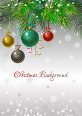 Festive Christmas vertical background with spruce branches, Christmas balls and snowflakes. Vector illustration.