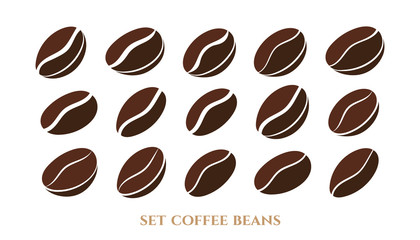 Coffee beans. Collection in different variants. Linear brown icons on white background. Vector illustration.