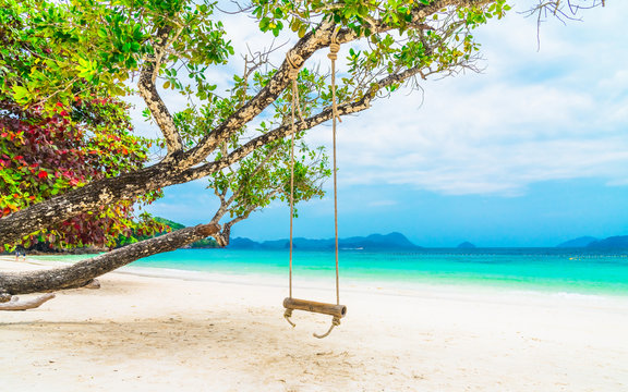 Beautiful natural scenic landscape tropical white sand beach with swing for traveler, Untouched beach in Andaman sea, South Myanmar Thailand, Tourism destination scenery Asia summer holidays vacation