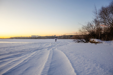 Snow-covered lake shore in winter.
