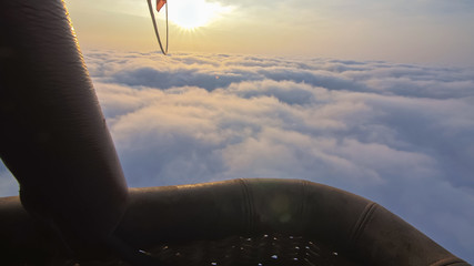 Adventure first person view, pov from basket of field, meadow, river and above cloud in flight on...