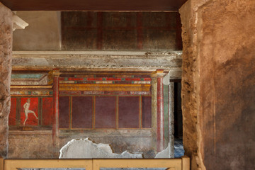 Fresco covers walls of villa of the mysteries in Pompeii (Pompei).