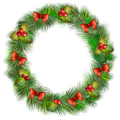 Christmas spruce wreath with mistletoe leaves, holly berries and red bows. Pine wreath. Vector illustration.