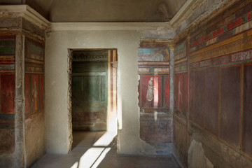 Fresco covers walls of villa of the mysteries in Pompeii (Pompei).