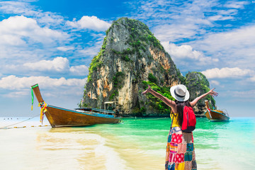 Traveler woman joy relaxing on beautiful nature scenic landscape  Ao Nang beach Krabi, Travel...