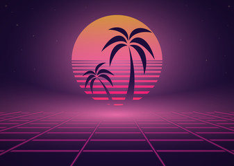 Fototapeta premium Synthwave 80s retro neon landscape with palm tree