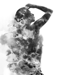 Paintography. Double exposure. Photography of an attractive model combined with hand drawn ink and...