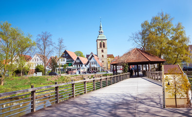 View from the park on the Historic centre of Wiedenbrück with the Church of St. Aegidius,...
