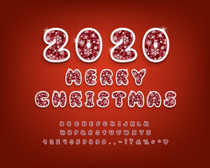 Merry Christmas sticker alphabet. Bubble 3D vector font with ice texture, white snowflakes and shining stars. Uppercase letters, numbers and punctuation marks. Beautiful typeface for Christmas
